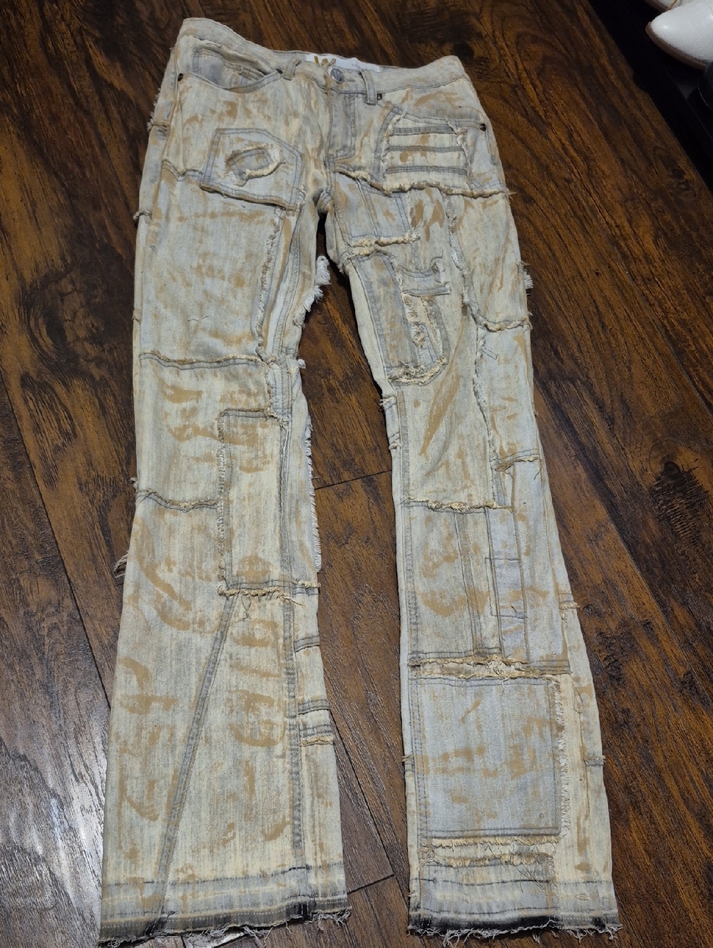 Men Patchwork Distressed Jeans - Beige Wash
